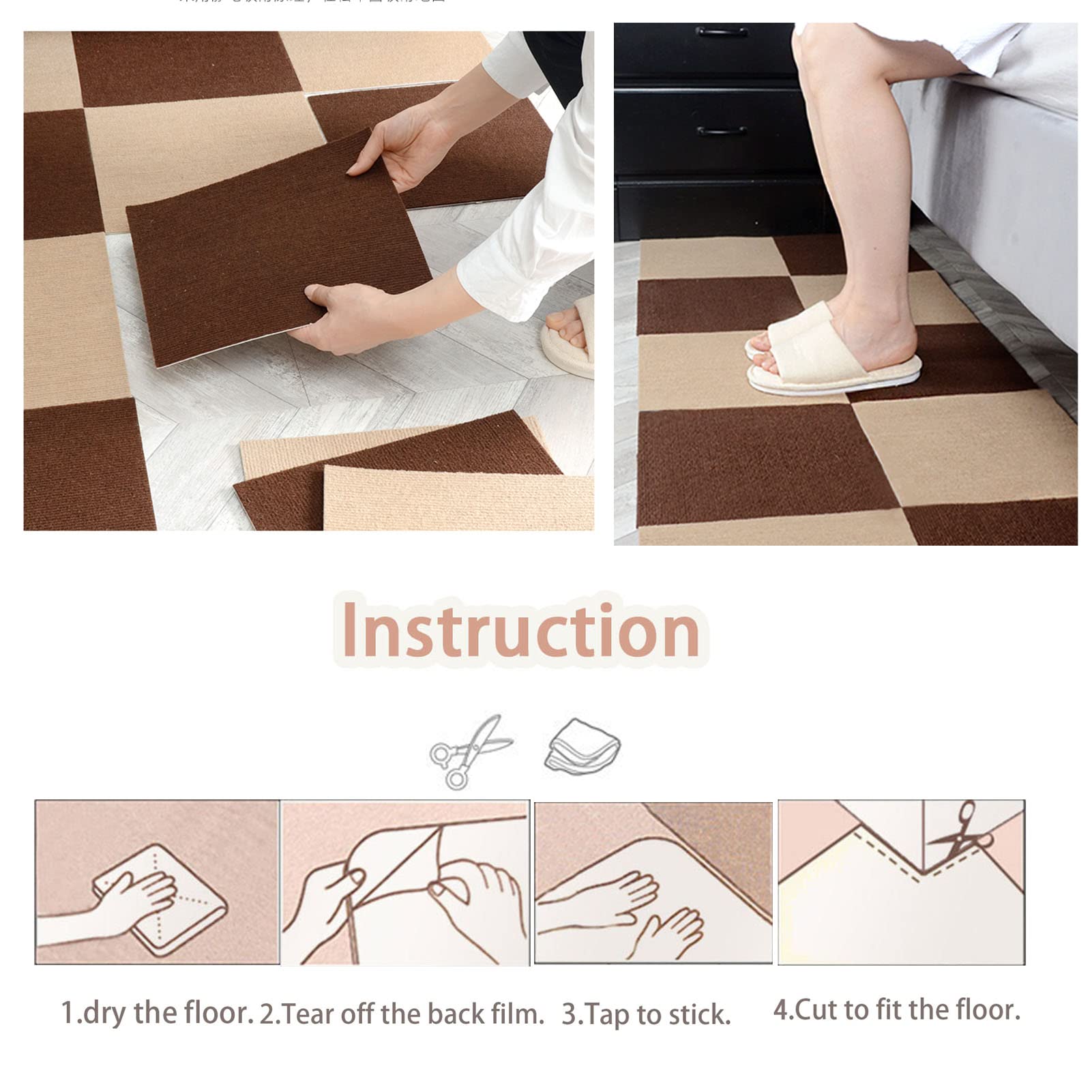 Teppichfliesen für Zuhause, quadratisch, selbstklebend, 30 x 30 x 0,4 cm, für gewerbliche Böden, einfach abzuziehen und aufzukleben, für glattes Holz