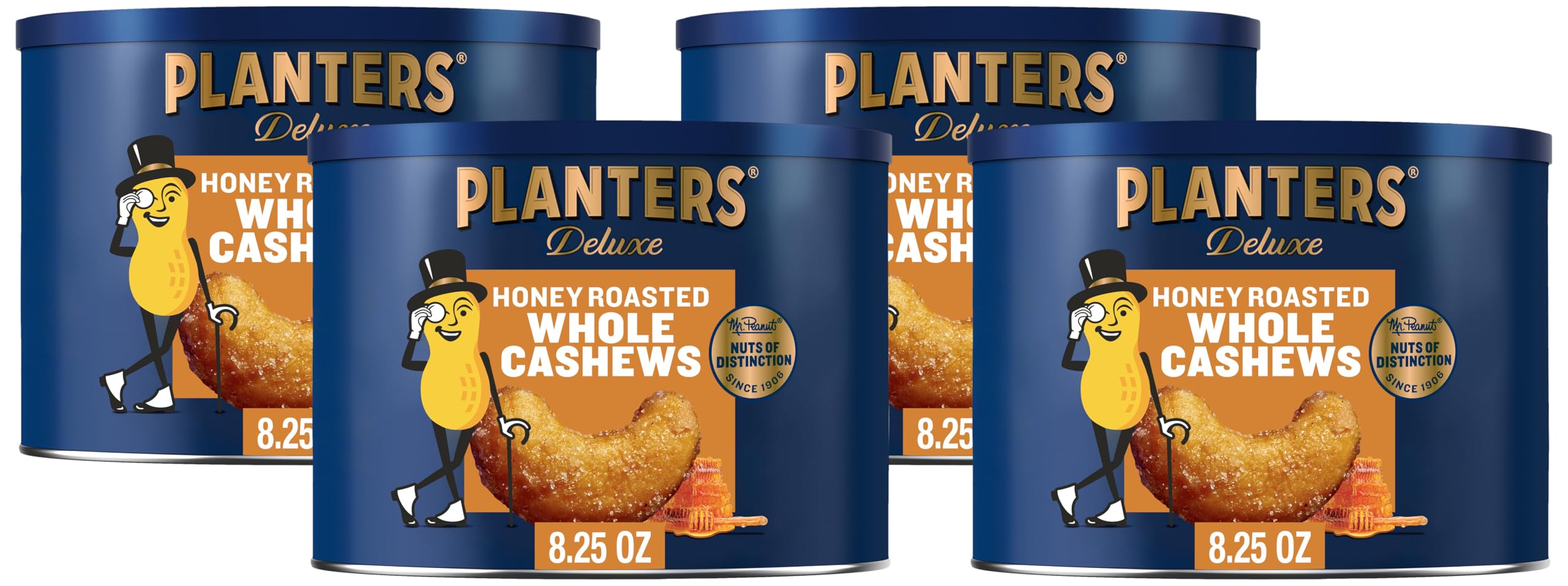 PLANTERS Deluxe Honey Roasted Whole Cashews, Sweet and Salty Snacks, 8.25oz (1 Canister) (Pack of 4)