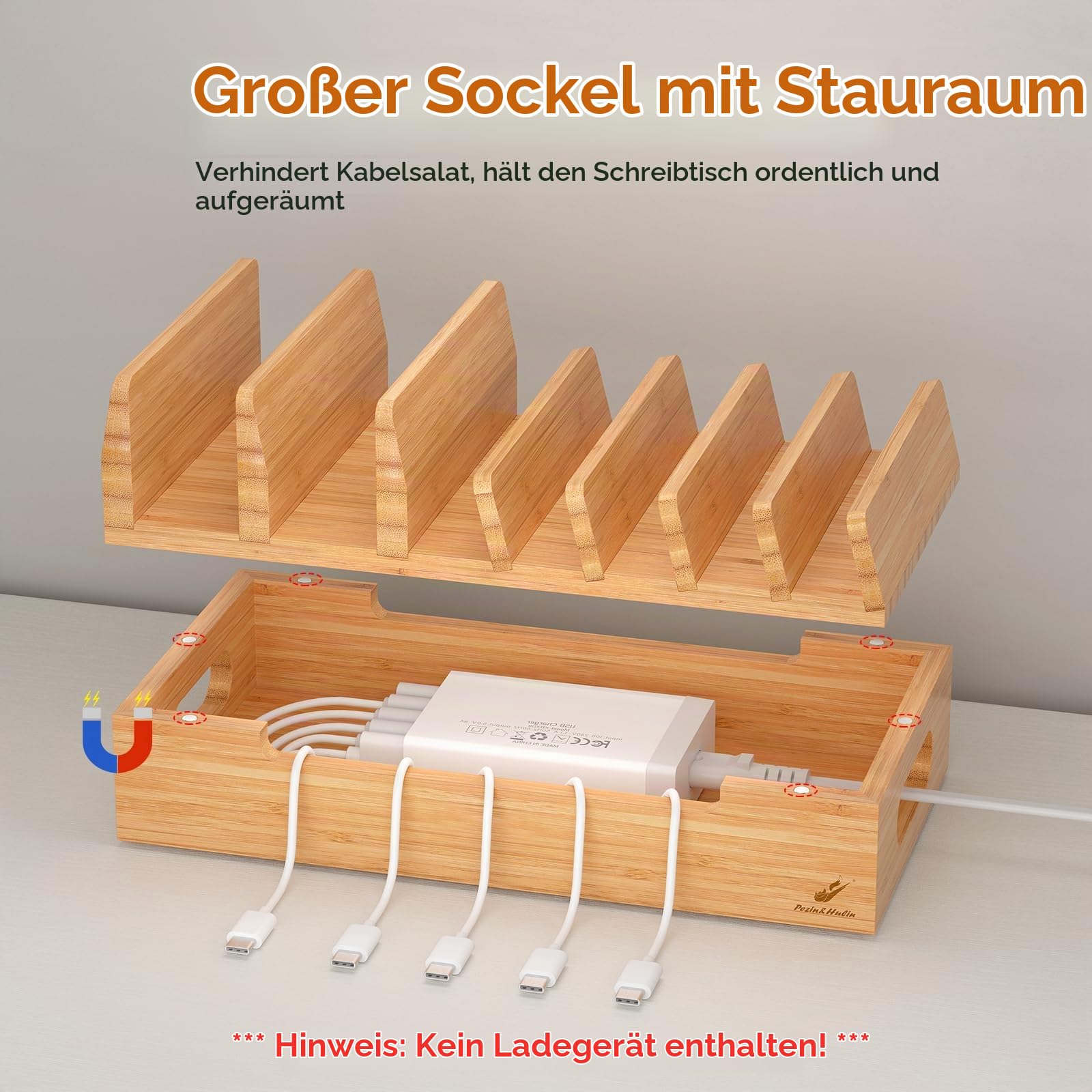 Pezin & Hulin Bambus-Ladestation mit Uhrenständer, Docking-Halterung für mehrere Geräte mit 5 Ladekabeln, Desktop-Dockstationen, elektronischer Organizer für Handy, Tablet, Uhr, natürlicher Bambus