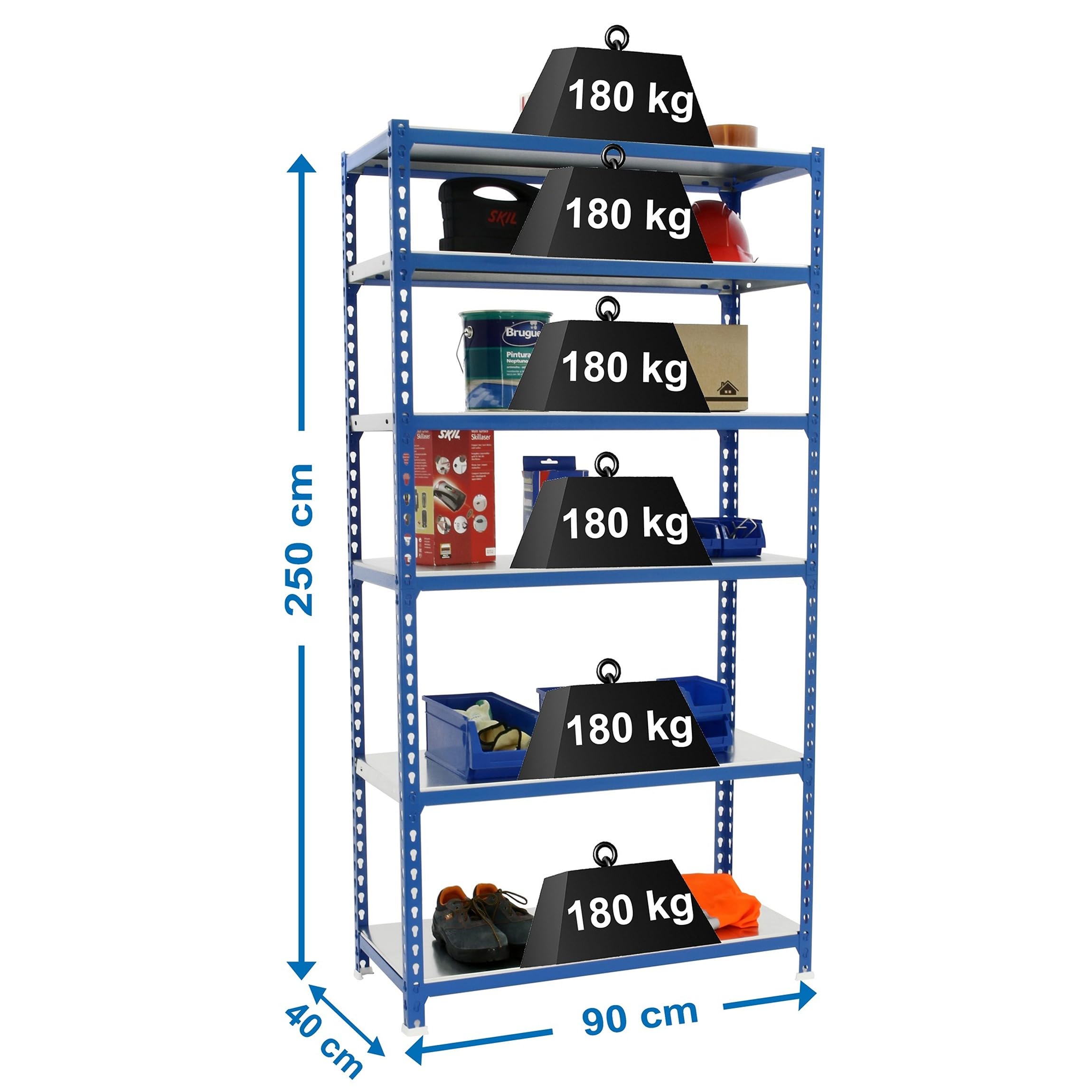 Simon Rack Estanterias Metalicas, 2500x900x400 mm, 6 Baldas de Metal, 180 kg de Punto Flexión, Estanterias Almacenaje, Azul/Galva - Simonclick