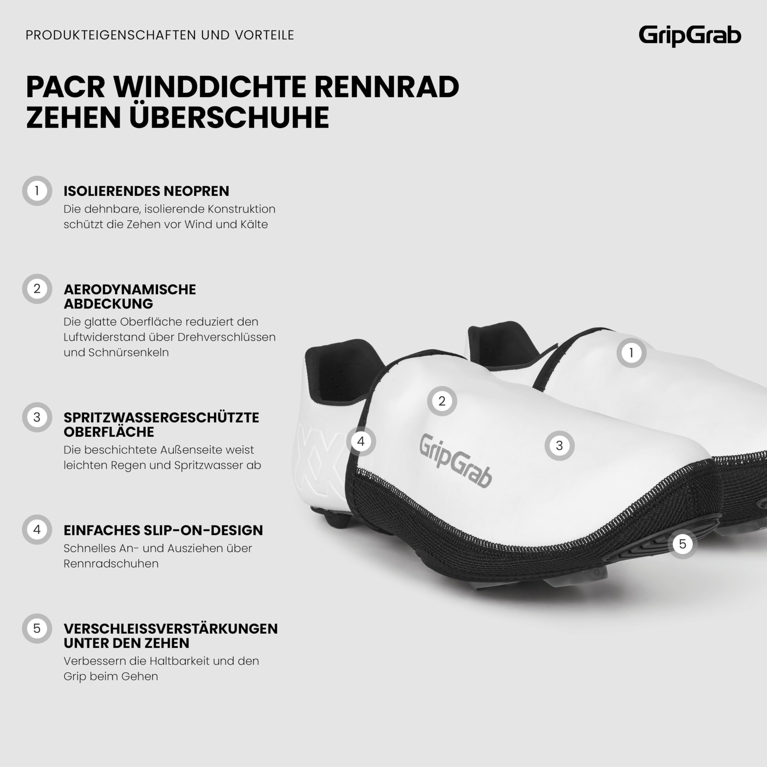 GripGrab PACR Winddichte Rennrad Zehen Überschuhe - Neopren Zehenkappen | Isolierendes Neopren, wasserabweisend - für schlanke, rennorientierte Rennradschuhe - Sohle verstärkt