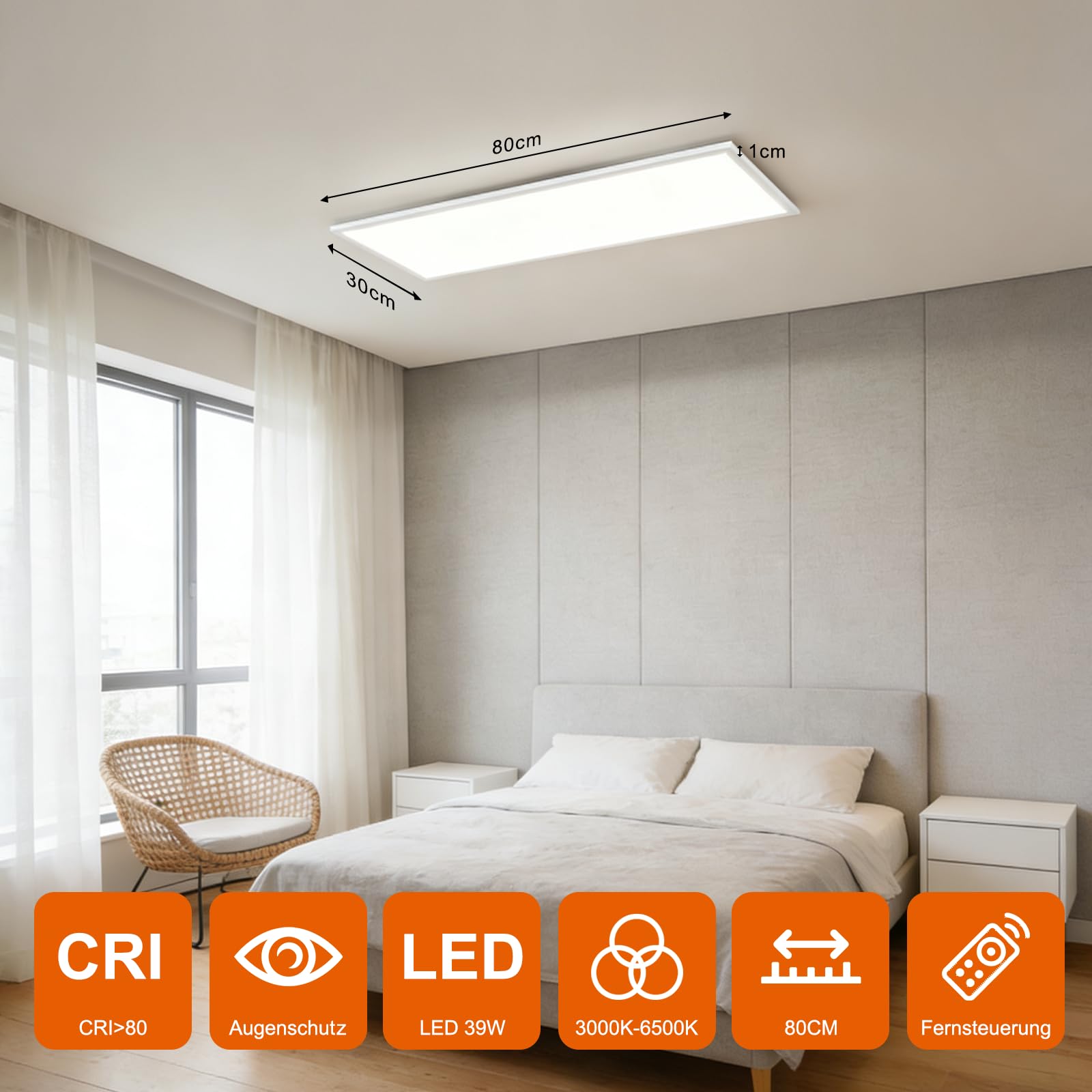 LED Panel Deckenlampe - 80x30cm Lang Rechteckig Deckenleuchte | Flach 39W Deckenpanel Dimmbar mit Fernbedienung Weiß Küchenlampe Tageslichtlampe für Büro Küche Flur Wohnzimmer Schlafzimmer
