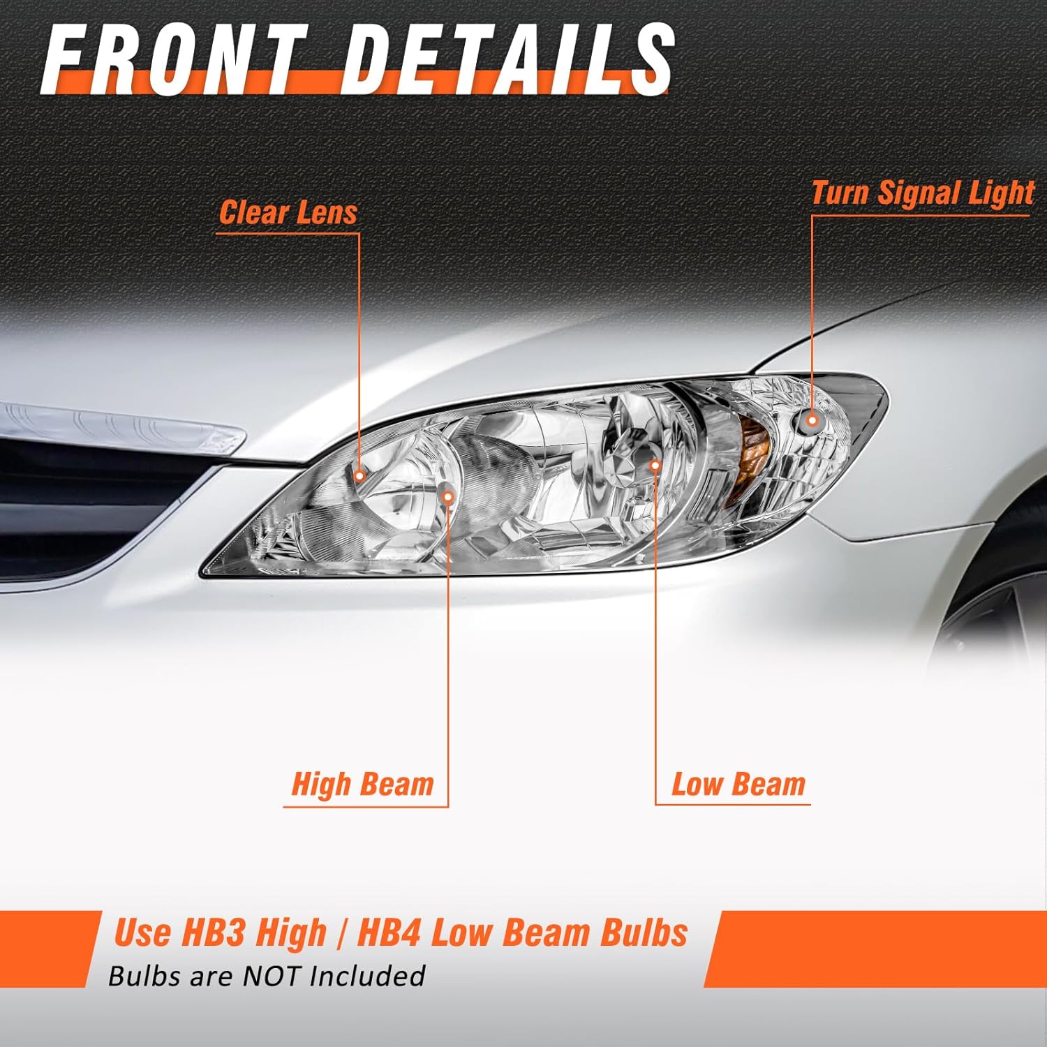 for 2004 2005 Honda Civic Headlights Assembly Compatible with 04 05 Honda Civic 2/4dr with Chrome Housing Amber Reflector Replacement Driver & Passenger Side