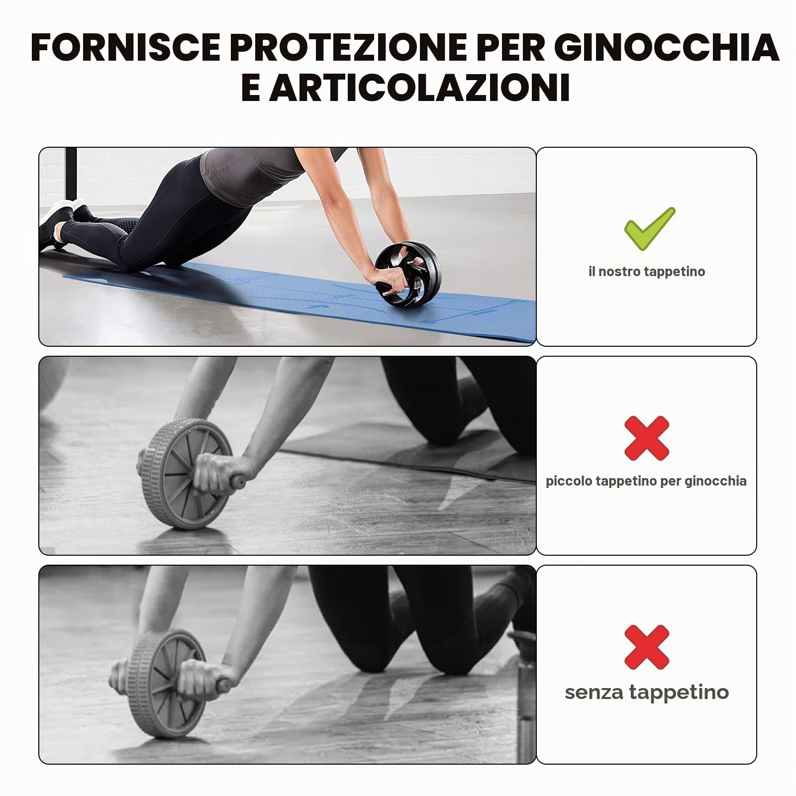 Tappetino Palestra per Ruota per Addominali, Tappeto Antiscivolo per ginocchia, Tappetino Fitness per Palestra Domestica Spesso 6 mm per Yoga, Pilates, 183cm L x 61cm B x 0,6cm H,TPE, Blu