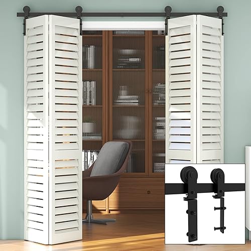 Miniatura 5 de TSMST Kit de rieles de puerta corrediza de granero de 108 pulgadas para 4 puertas, kit de herrajes para puerta de granero plegable resistente, fácil