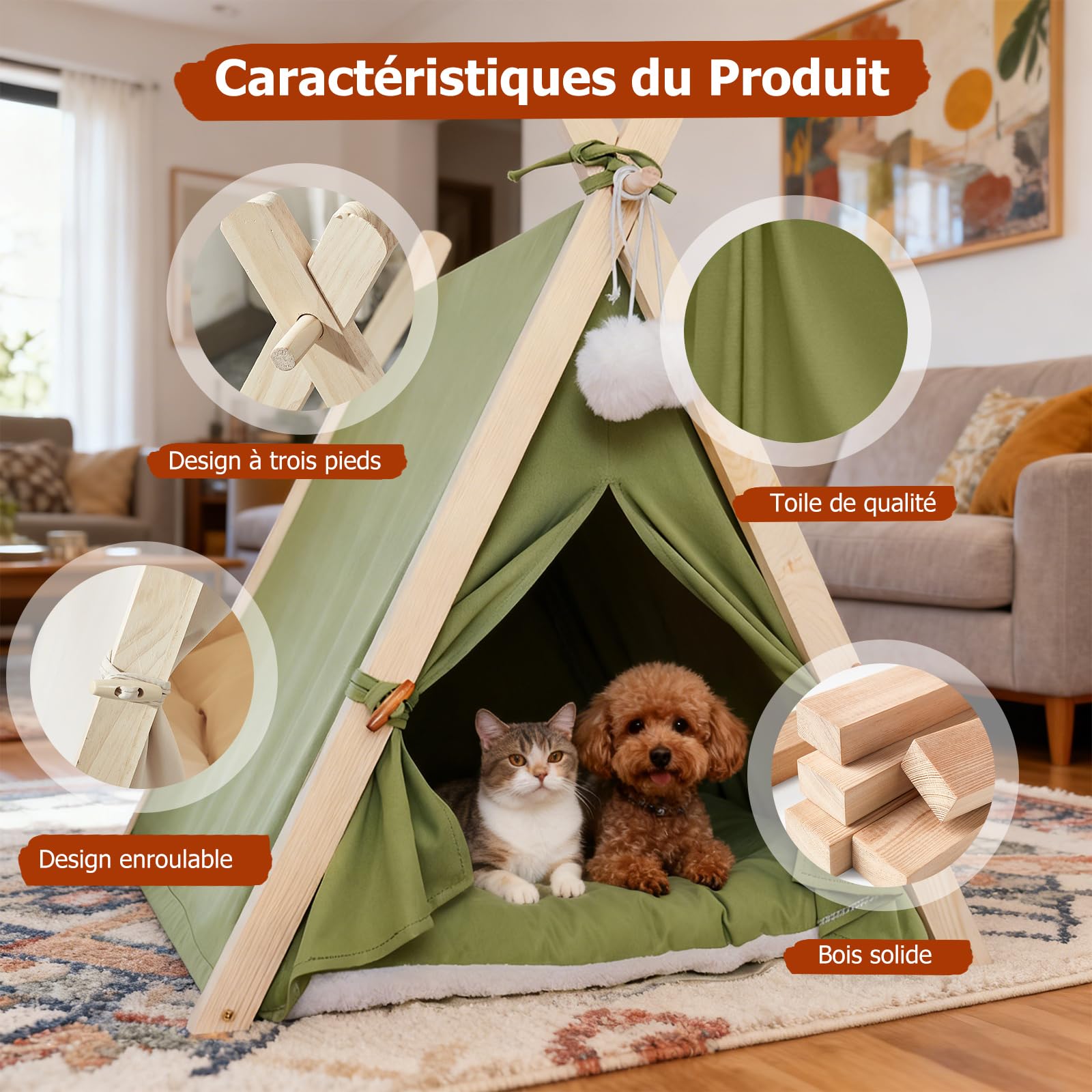 PETCUTE Tente tipi pour Chats et Petits Chiens, Pliables Tente pour Chiens avec Structure Triangulaire en Bois et Coussin Amovible, Niche d'intérieur Confortable pour Chat,Vert