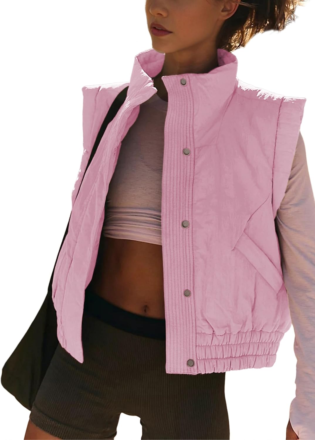 Athlisan Womens Cropped Puffer Vest Stand Collar Sleeveless Padded Gilet Vest with Pockets