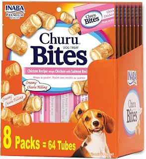 INABA Churu Bites for Dogs, Soft & Chewy Dog Treats, 0.42 Ounces Each Tube, 64 Tubes Total (8 Tubes per Pack), Chicken with Salmon Recipe