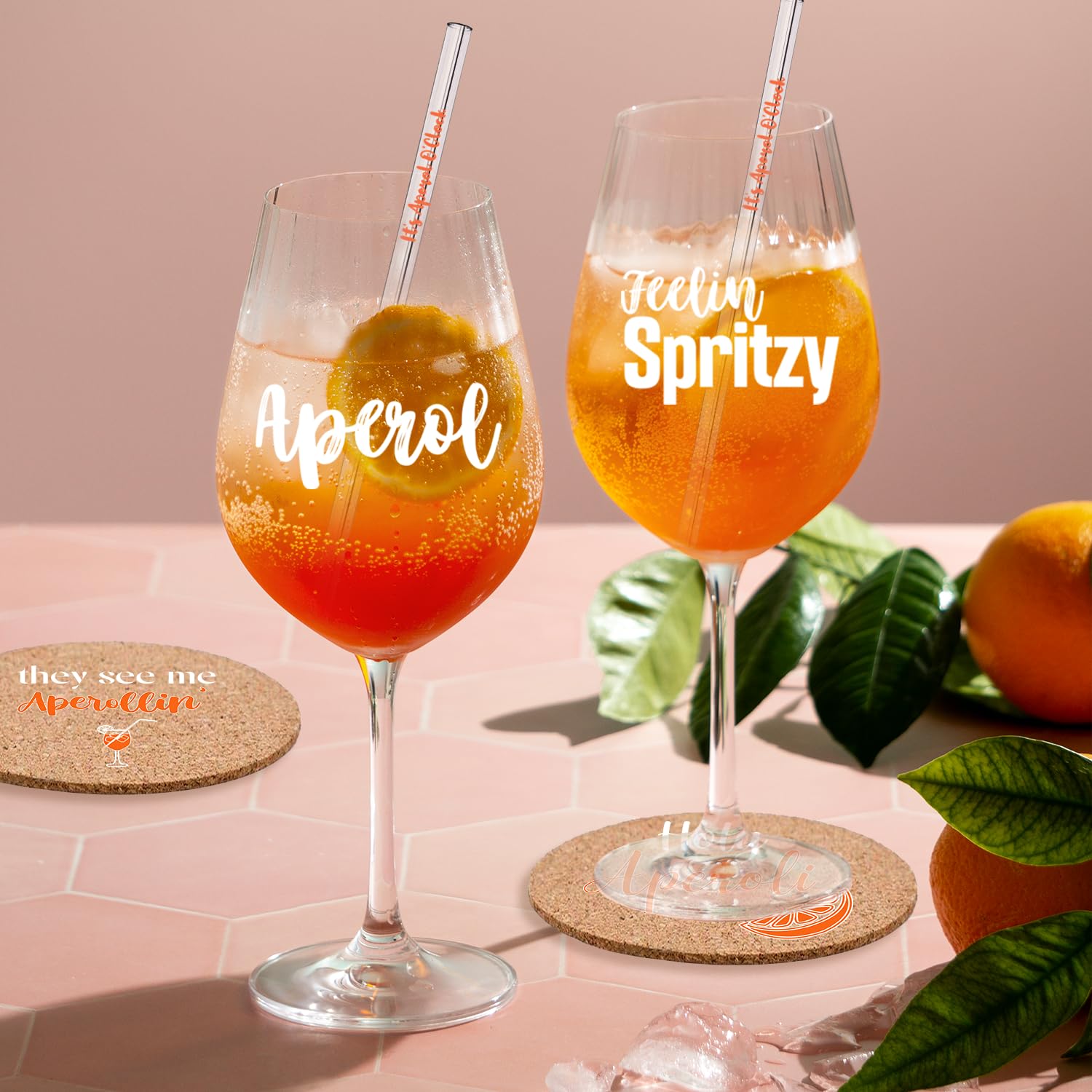 Aperol Spritz Shop Online Set Accessori Aperol Spritz - 6 Sottobicchieri Silicone E 8 Cannucce Vetro, Con Scritte Divertenti Set Aperol Spritz