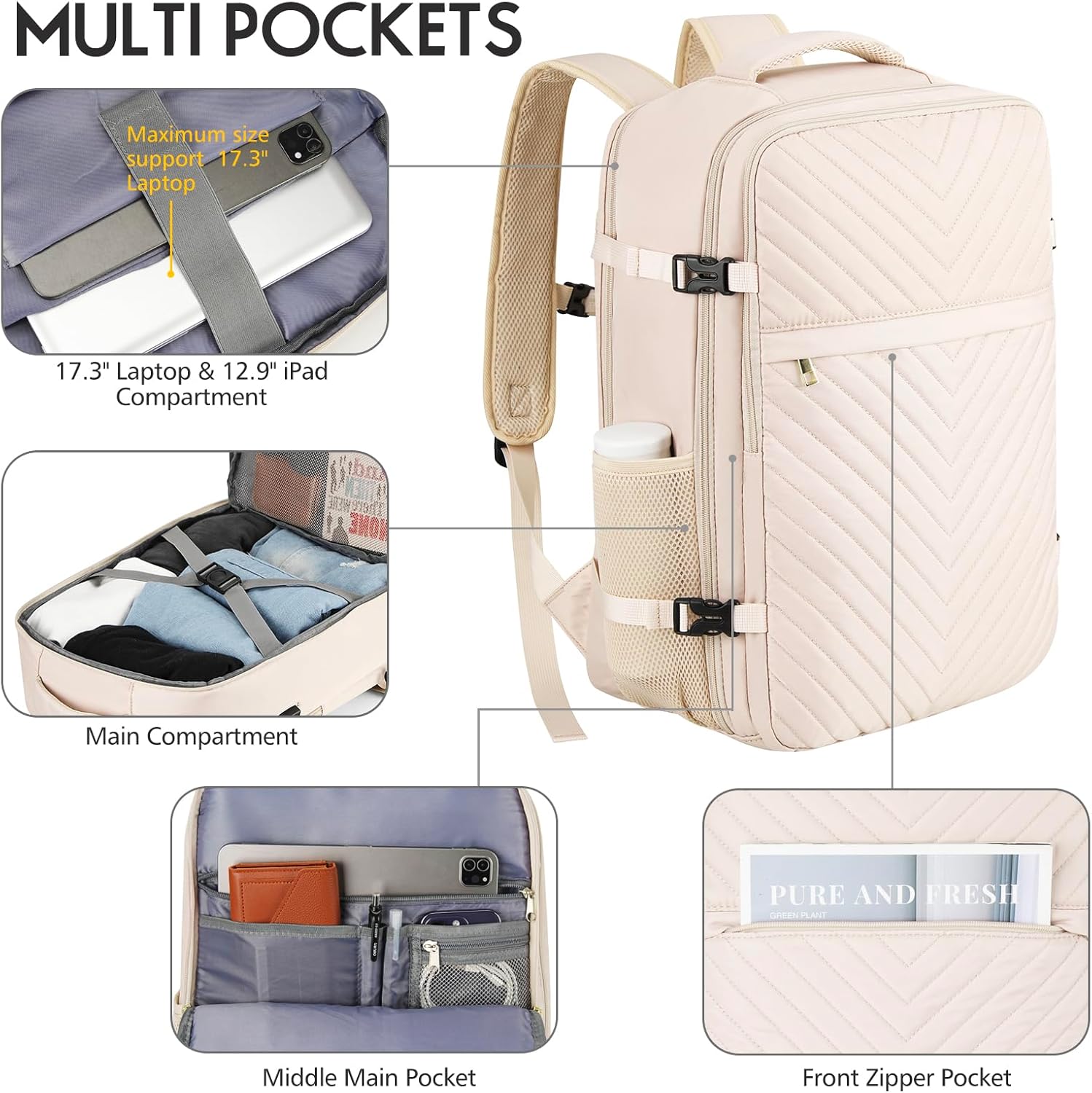 MOMUVO Carry On Backpack for Women,Flight Approved Large Travel Laptop Backpack Water Resistant Luggage Travel Bag for Weekender Business,Beige