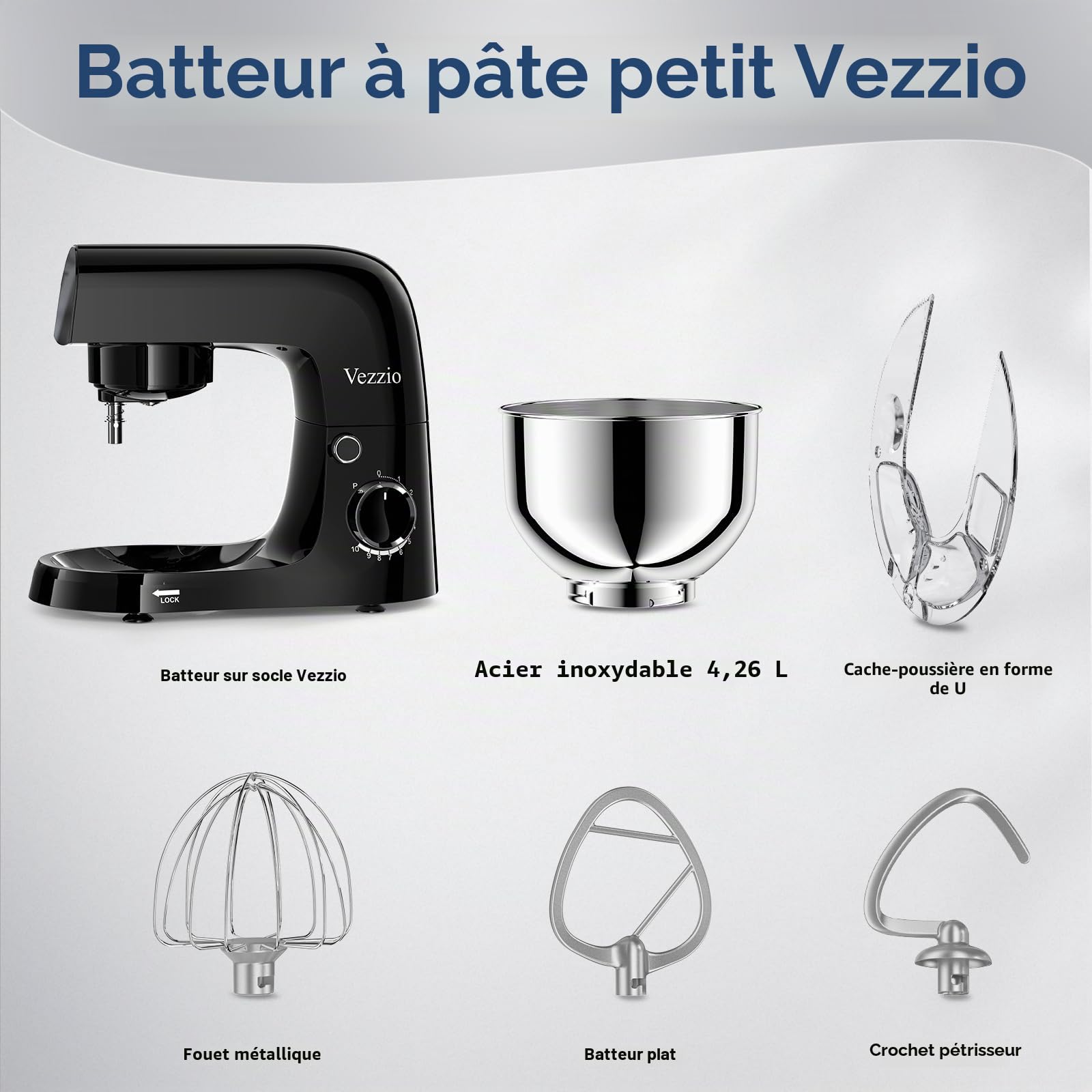 Vezzio Robot Pâtissier, 4,5 L | 1500 watts mélangeur de pâte compact avec crochet de pétrissage, fouet, protection contre les éclaboussures et système de mélange planétaire à 10 vitesses(Noir)