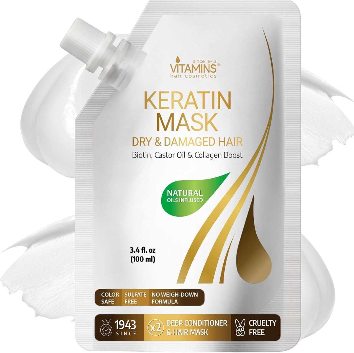 Keratin Hair Mask - Protein Repair Keratin Treatment - Deep Conditioner for Dry, Damaged, Curly, Straight & Frizzy Hair with Biotin, Collagen & Castor Oil - 3.4 Fl Oz