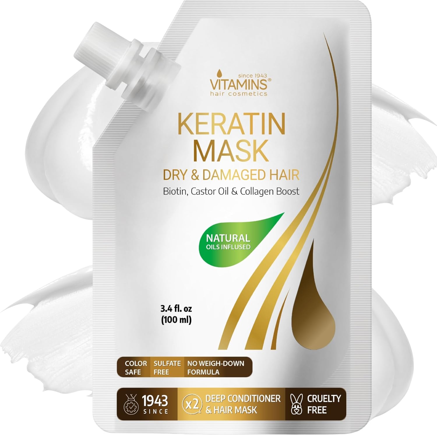 VITAMINS hair cosmetics Keratin Hair Mask – Protein Repair Keratin Treatment – Deep Conditioner for Dry, Damaged, Curly, Straight & Frizzy Hair with Biotin, Collagen & Castor Oil – 3.4 Fl Oz