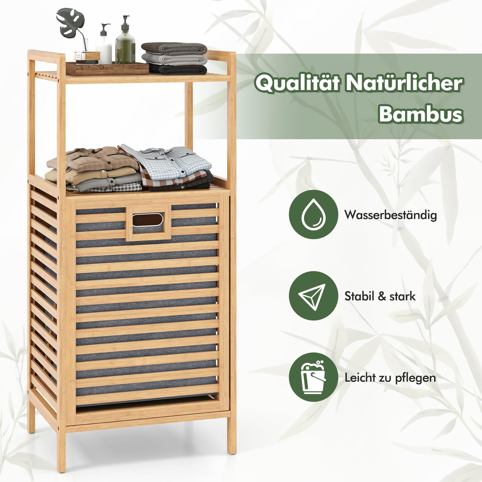 COSTWAY Badregal mit Wäschekorb, Regal aus Bambus, Badschrank mit 2 Ablagen & Ausklappbarer Korb aus Stoff, Wäschesammler für Badezimmer, Waschküche, Natur, 43,5 x 33 x 96 cm