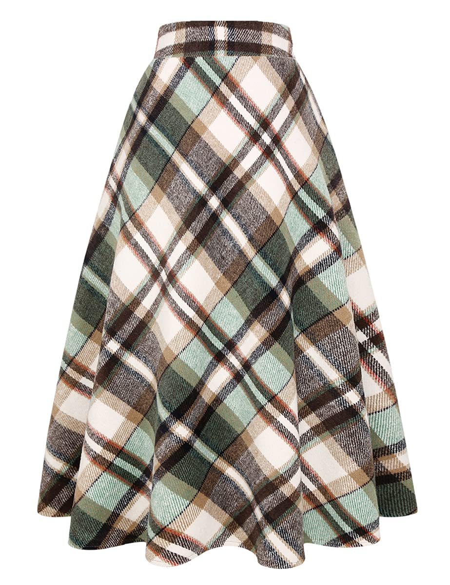 Ylingjun Women's Green 02 Long Plaid Wool Skirt For Winter Fall Warm High Elastic Waist A Line Flared Pleated Wool Tartan Skirts, M