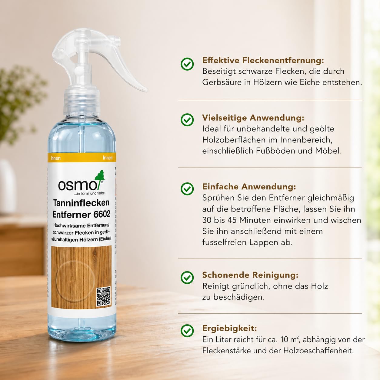 Osmo Tanninflecken-Entferner 6602, Reinigung für schwarze Flecken auf Eichenholz, für Fußböden und Möbel, 0,25 l