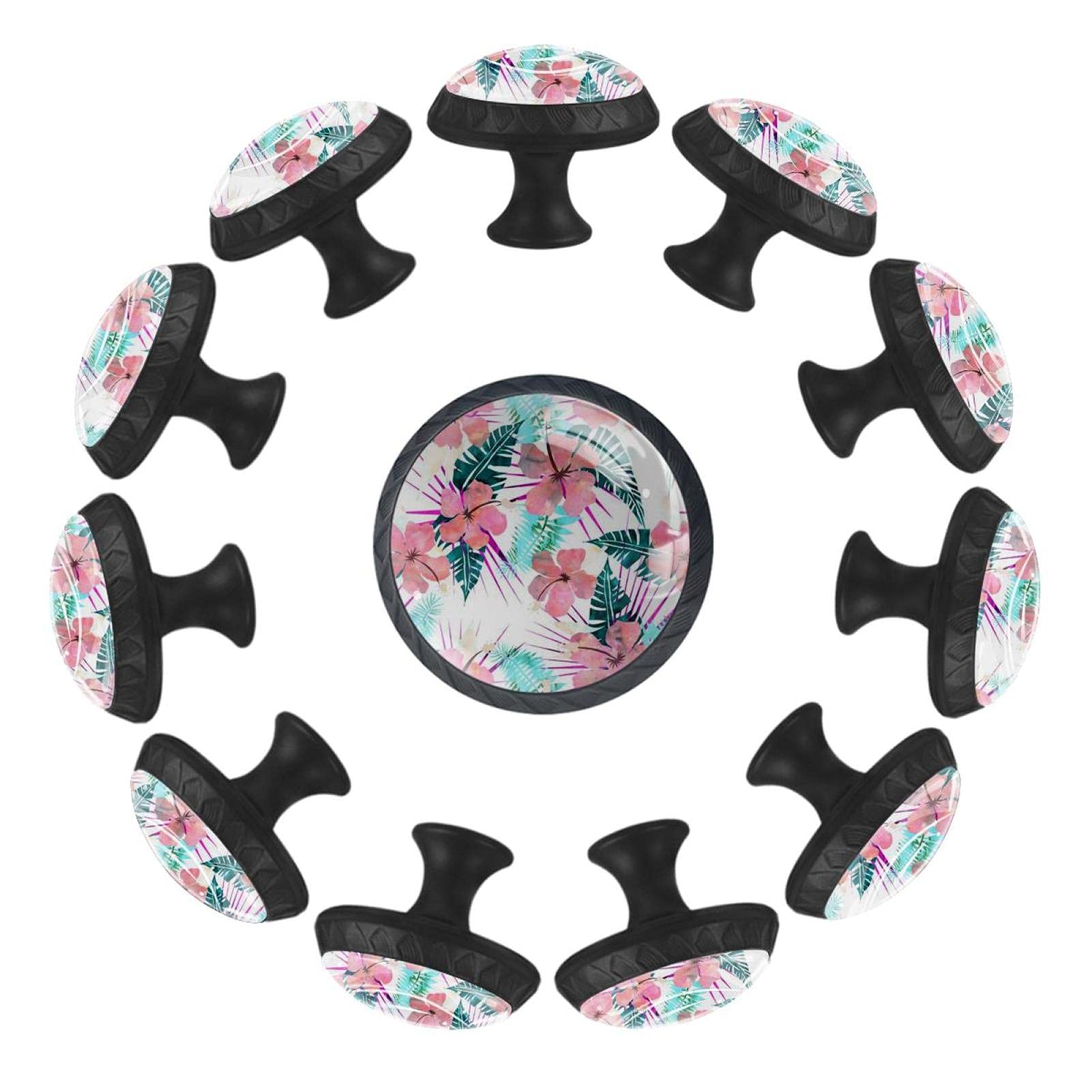 Poignées de meuble fleur rose et feuilles - Boutons de tiroir 35 mm pour commode