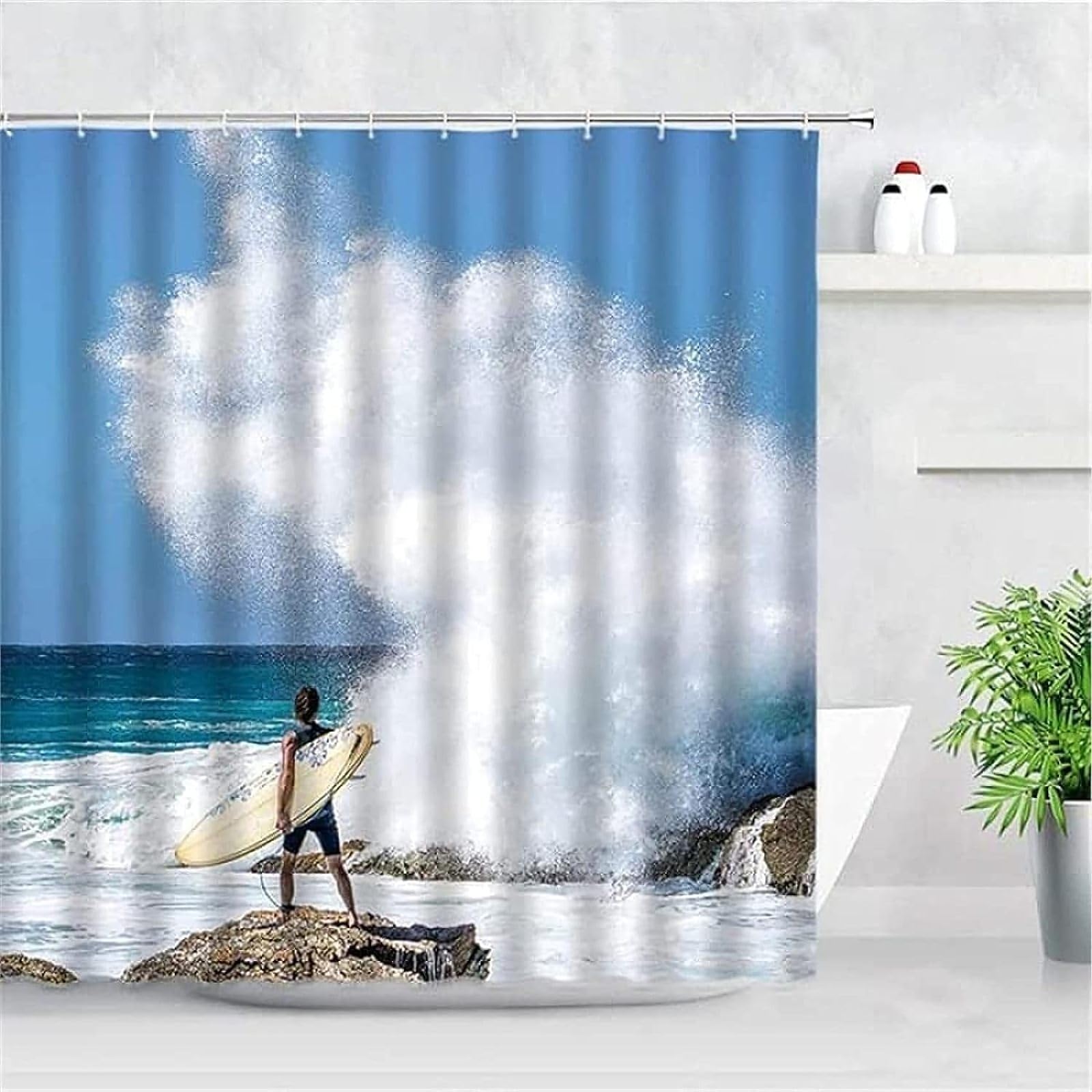 Tenda da doccia con tavola da surf, decorazione tropicale blu, costiera