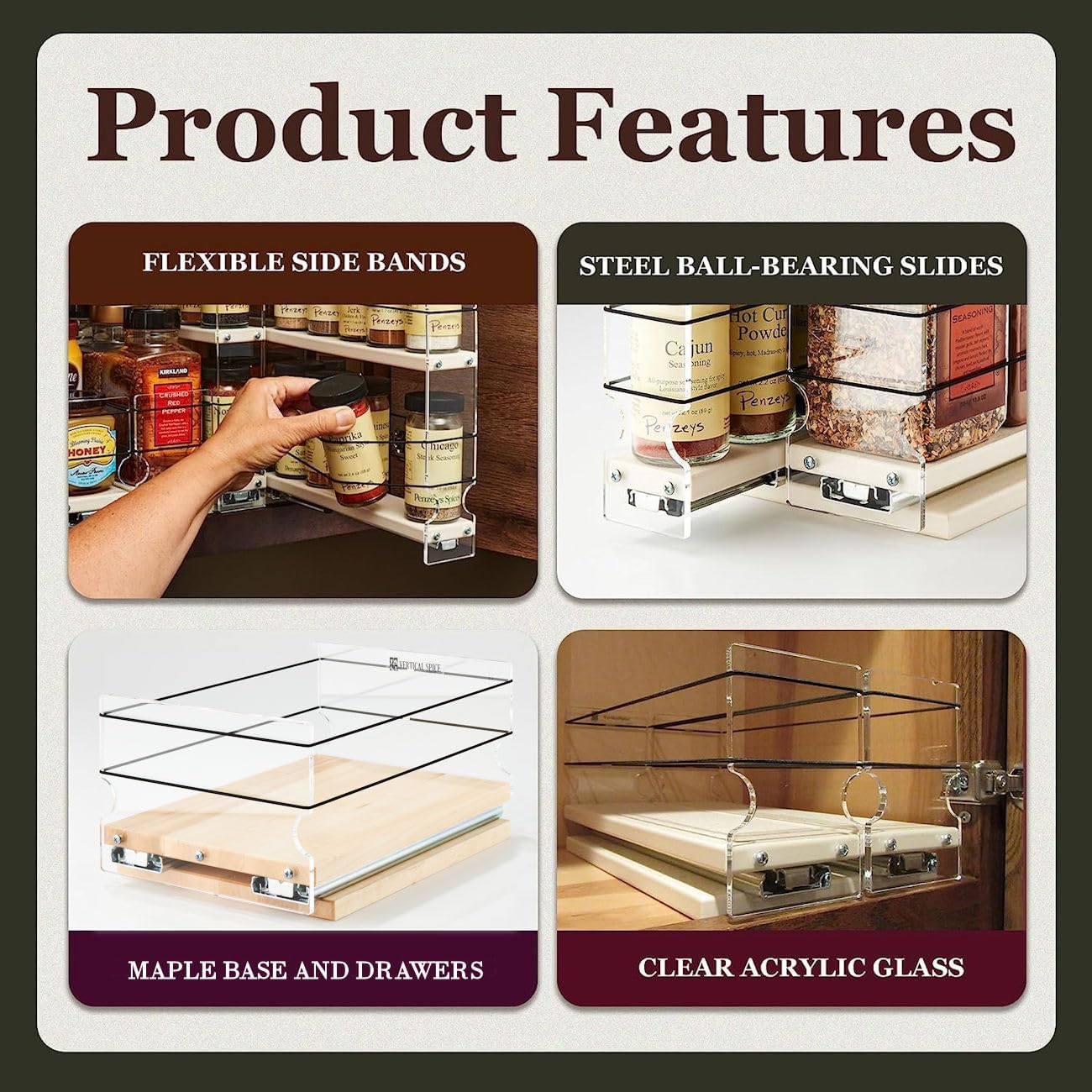 Vertical Spice Solid Maple Storage Rack Drawer - Sliding Spice Rack - Pantry Organizers and Storage - Kitchen Cabinet Organizer - Pull Out Shelf - Made in USA - 1 Drawer (6.9" W x 5.0" H x 10.6" D)