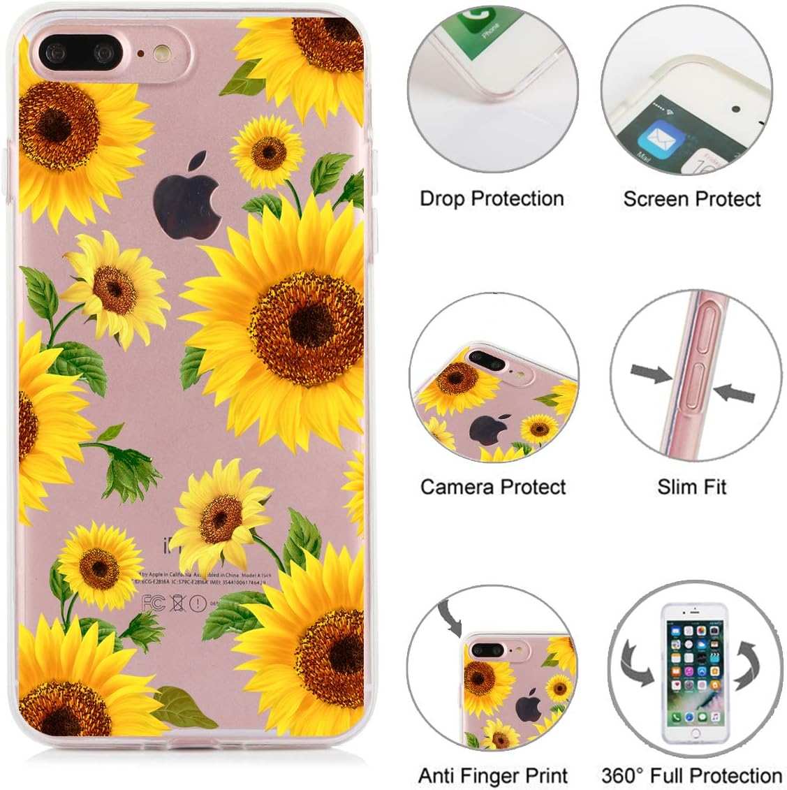 iPhone 8 Plus Clear Case iPhone 7 Plus Case Floral Yellow Sunflower Flowers Pattern Clear IMD Hybrid Hard TPU Back Cover Shockproof Protective Fun Phone Cases for Women Girls-[5.5"]