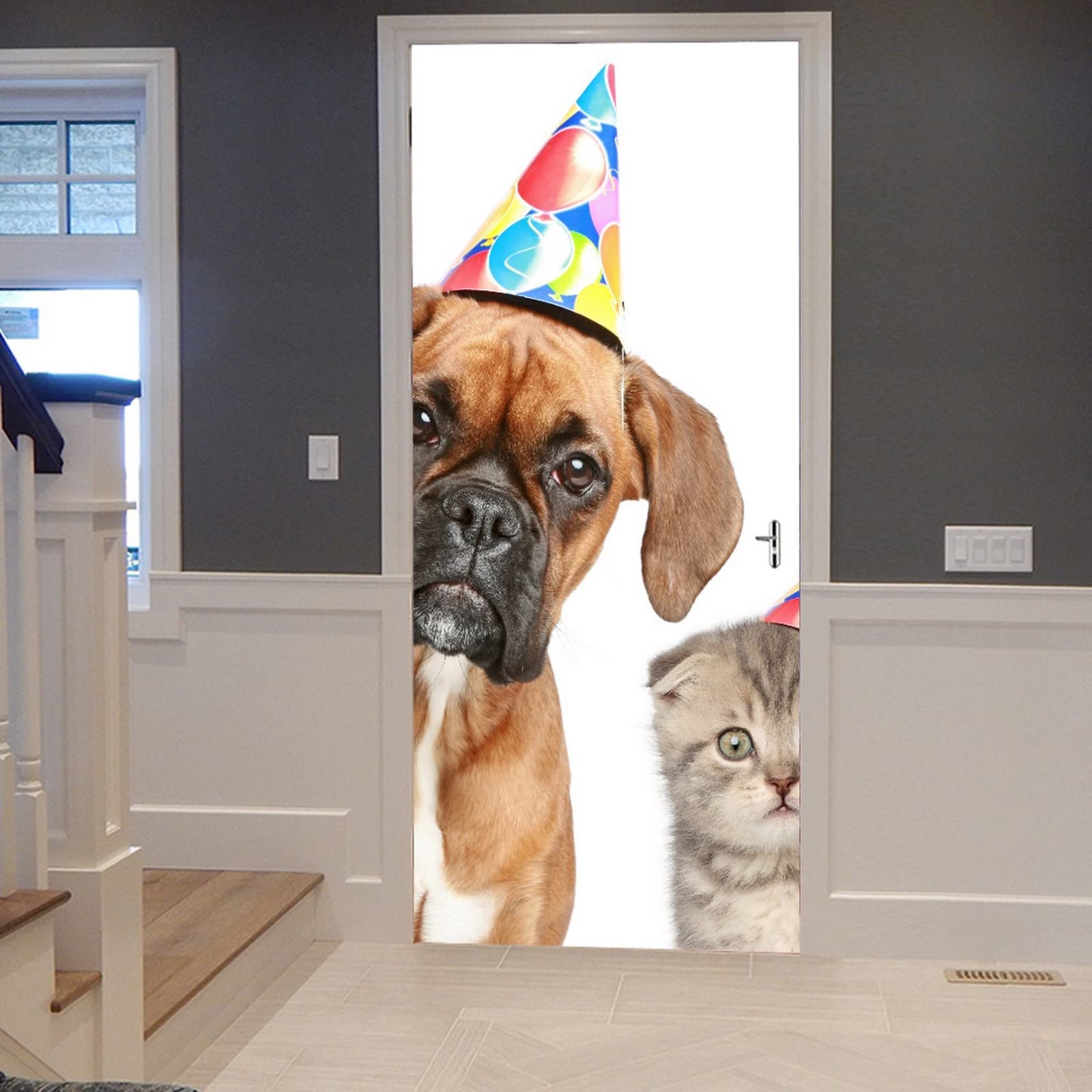 A.Monamour 3D Door Stickers for Interior Doors Boxer Dog And Scottish Fold Cat In Party Cap On White Background Vinyl Removable Self Adhesive Door Poster Wallpaper Mural Decals 90x200cm