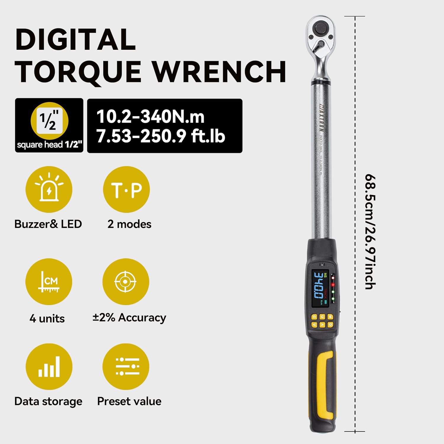 1/2" Digital Torque Wrench, 12.5-250 Ft-Lb & 17-340 Nm High Range, Color LCD Backlit Display, Audible Buzzer & LED Flash Indicator, Automotive & Heavy-Duty Vehicle Maintenance