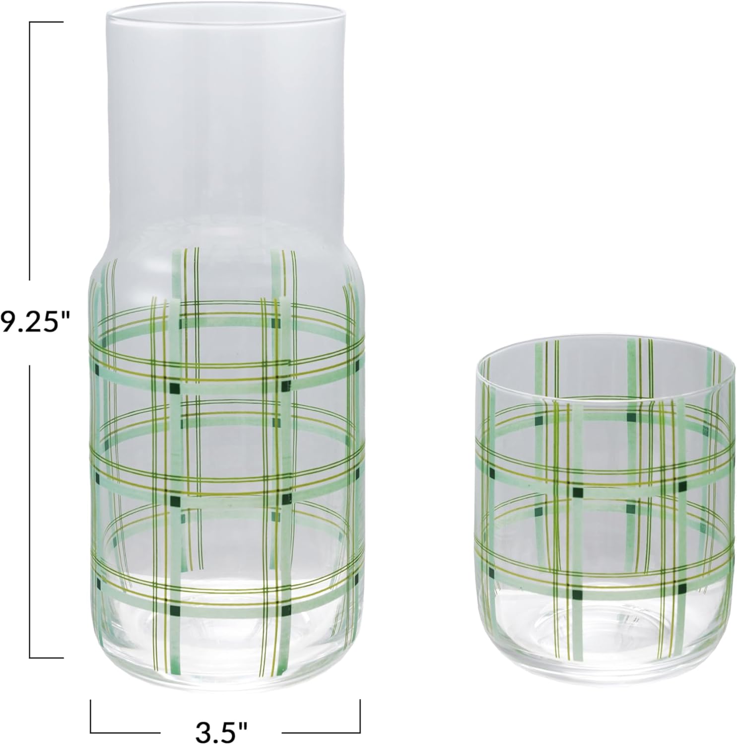 Creative Co-Op Glass Carafe with Drinking Glass and Grid Pattern, Green