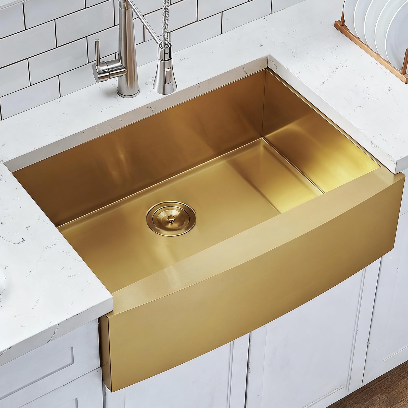 Gold Farmhouse Sink, 33 Inch Stainless Steel Farmhouse Kitchen Sinks, Single Bowl Burshed Gold Apron Front Farm Sinks, Brass Undermount Sink With Accessories