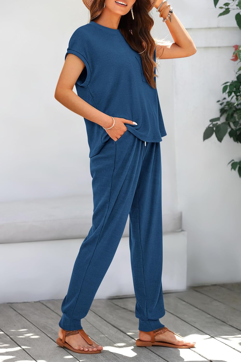  2 Piece Sets For Women Summer Lounge Set Airport Outfits Tracksuit | Solid,Matching Sets Women Clothing,Sweatsuit,Short Sleeve Tops, Long Pants, Vacation Outfits,Beach vacation Clothes For Women thumbnail