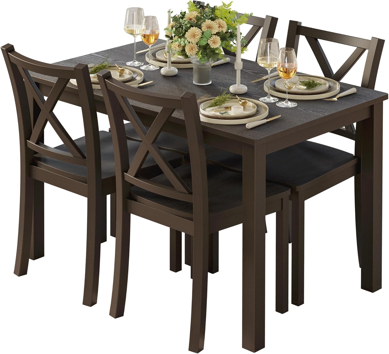 IRONCK 5-Piece Dining Table Set for 4: Rubberwood Legs, MDF Tabletop, Space-Saving Kitchen Chairs for Dining Room