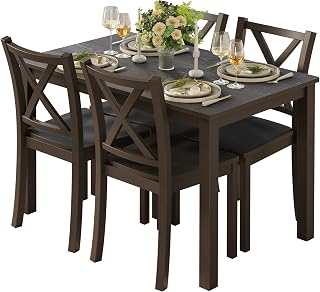IRONCK 5-Piece Dining Table Set for 4: Rubberwood Legs, MDF Tabletop, Space-Saving Kitchen Chairs for Dining Room