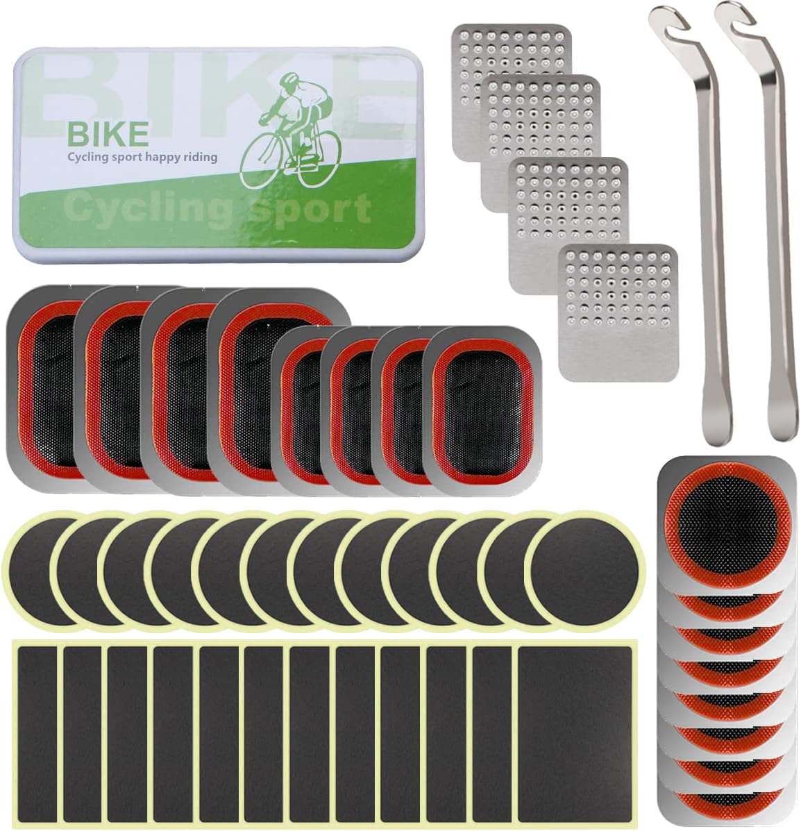 EDIONSBike Inner Tube Patch Kits, Bicycle Tire Repair Kit with Glueless Self-Adhesive Patches, Vulcanizing Patches, Metal Rasp, Portable Storage Box for Bicycle, Motorcycle, Inflatable Rubber