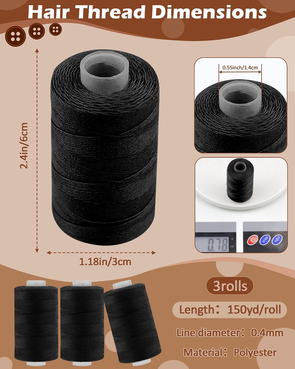 FIVEIZERO 3 Rolls Hair Extension Thread with 30 PCS T/C/J/I Needles Using,Black Hair Weave Threads,Sew in Needle and Thread for Hair Extensions,Hand Sewing,Making Wigs DIY-450yd