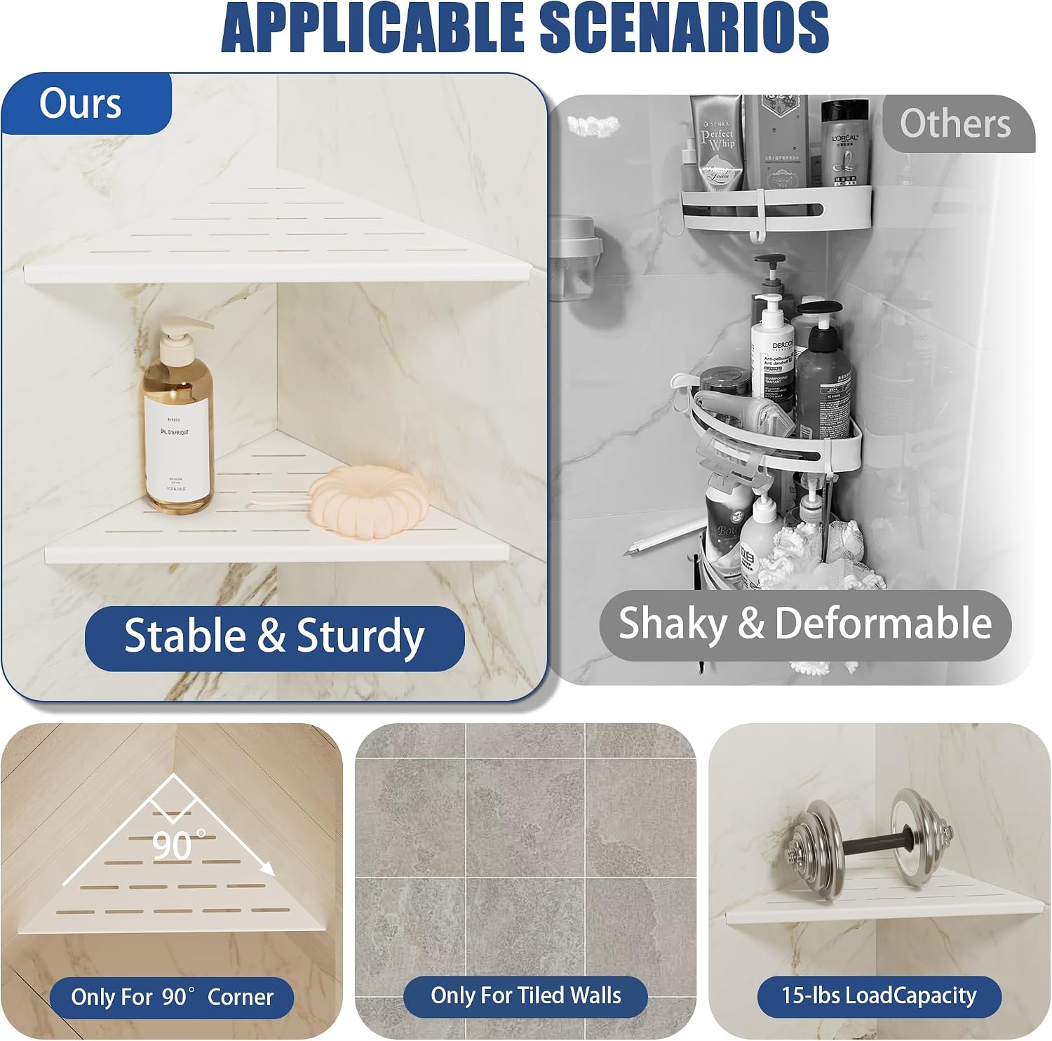 Neodrain 10 Inch White Corner Wall Shelf for Tile Wall Insert, Set of 2 image 5