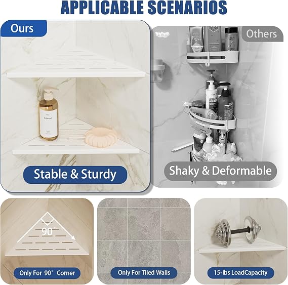 Neodrain 10 Inch White Corner Wall Shelf for Tile Wall Insert, Set of 2