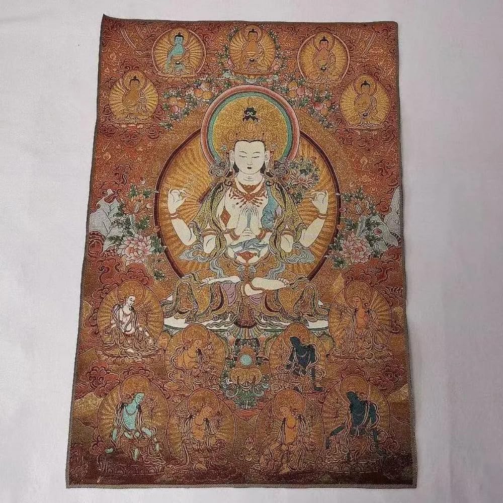 EPASHA Arte murale Buddista, Thang-ga, Pittura in Broccato Ricamato Thangka da 60 cm Guanyin Bodhisattva a Quattro Bracci, Decorazione Domestica squisita