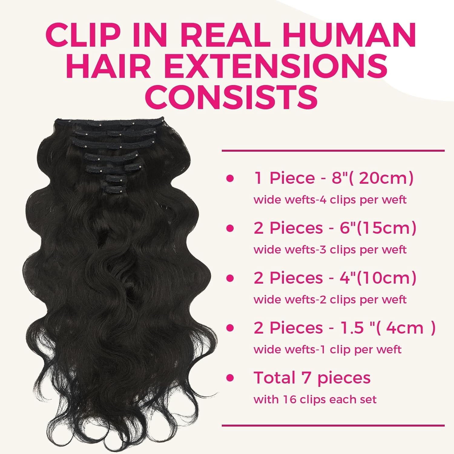 Lashey Clip in Hair Extensions 7pcs 120g Body Wave Remy Human Hair Extensions for Women 16 Inch Natural Black Hair Extensions with Lace Weft - Image 2
