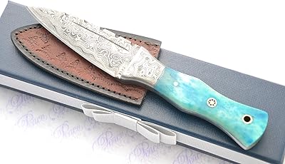 Unique New Genuine Damascus Steel Bespoke Full Tang Coloured Camel Bone Handle Sheffield Sgian Dubh with Leather Sheath Gift Boxed