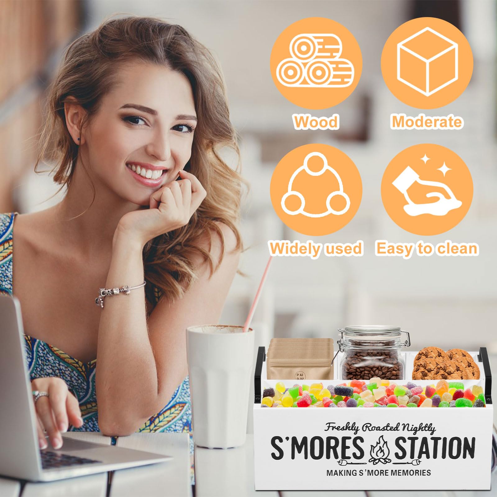 Somre's Station - Organizer per stazione di caffè in legno, con manici e 4 scomparti, 29 x 18,5 x 11 cm, contenitore rustico per accessori da tè, decorazione bar (bianco)