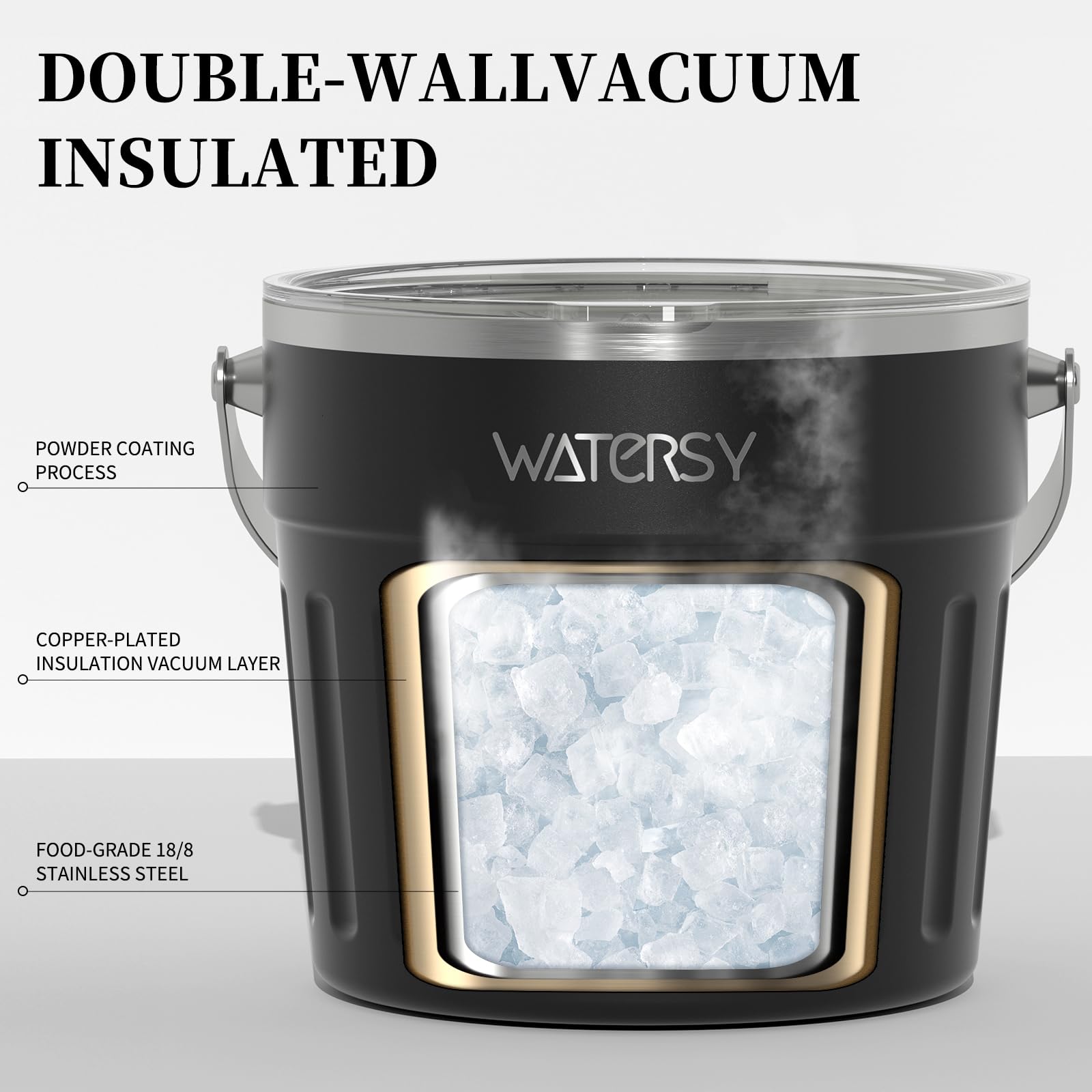 WATERSY 7,6L Eiswürfelbehälter mit Deckel, Edelstahl Eisbehälter mit Portable Tragegriff Eiszange, Schaufel, Doppelwandig Eiskübel Ideal für Partys Bier Cocktailbars, Schwarz