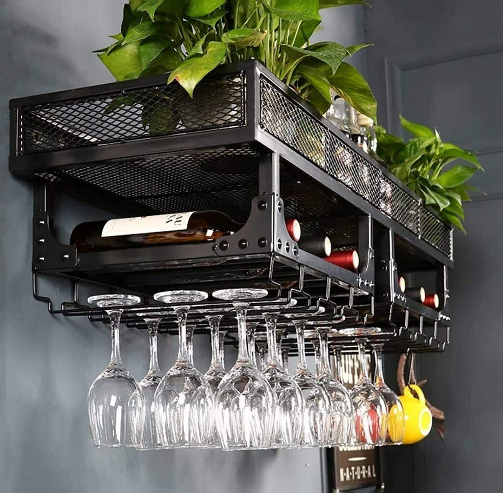 Support de verre suspendu de style industriel et casier à vin