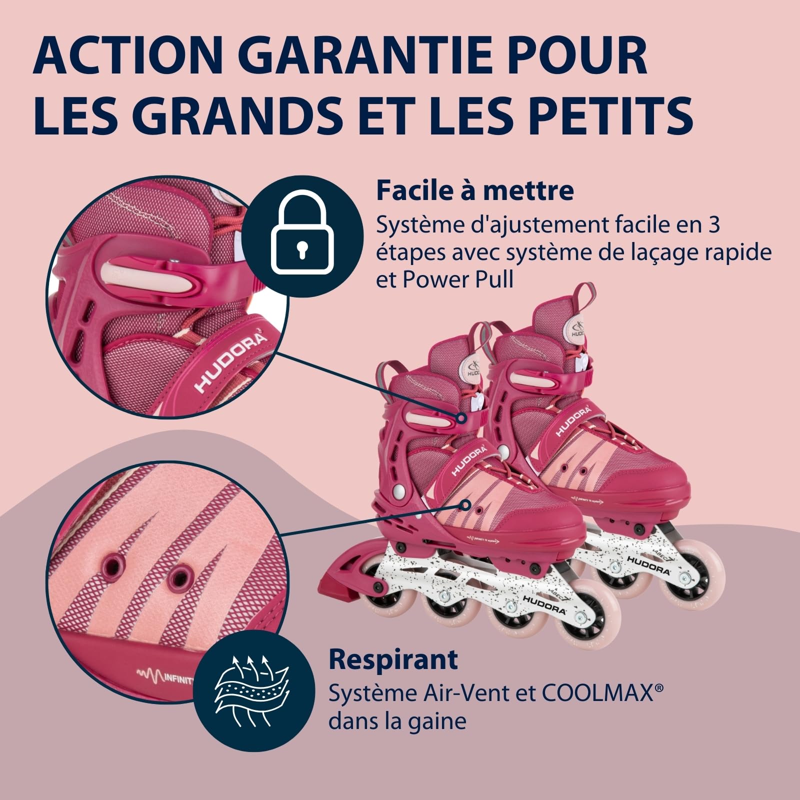 HUDORA Inline Skates Comfort - Patins à roulettes pour Enfants & Adolescents en différentes Tailles - Rollers réglables en Largeur et en Longueur jusqu'à 6 Tailles - Chausson Respirant