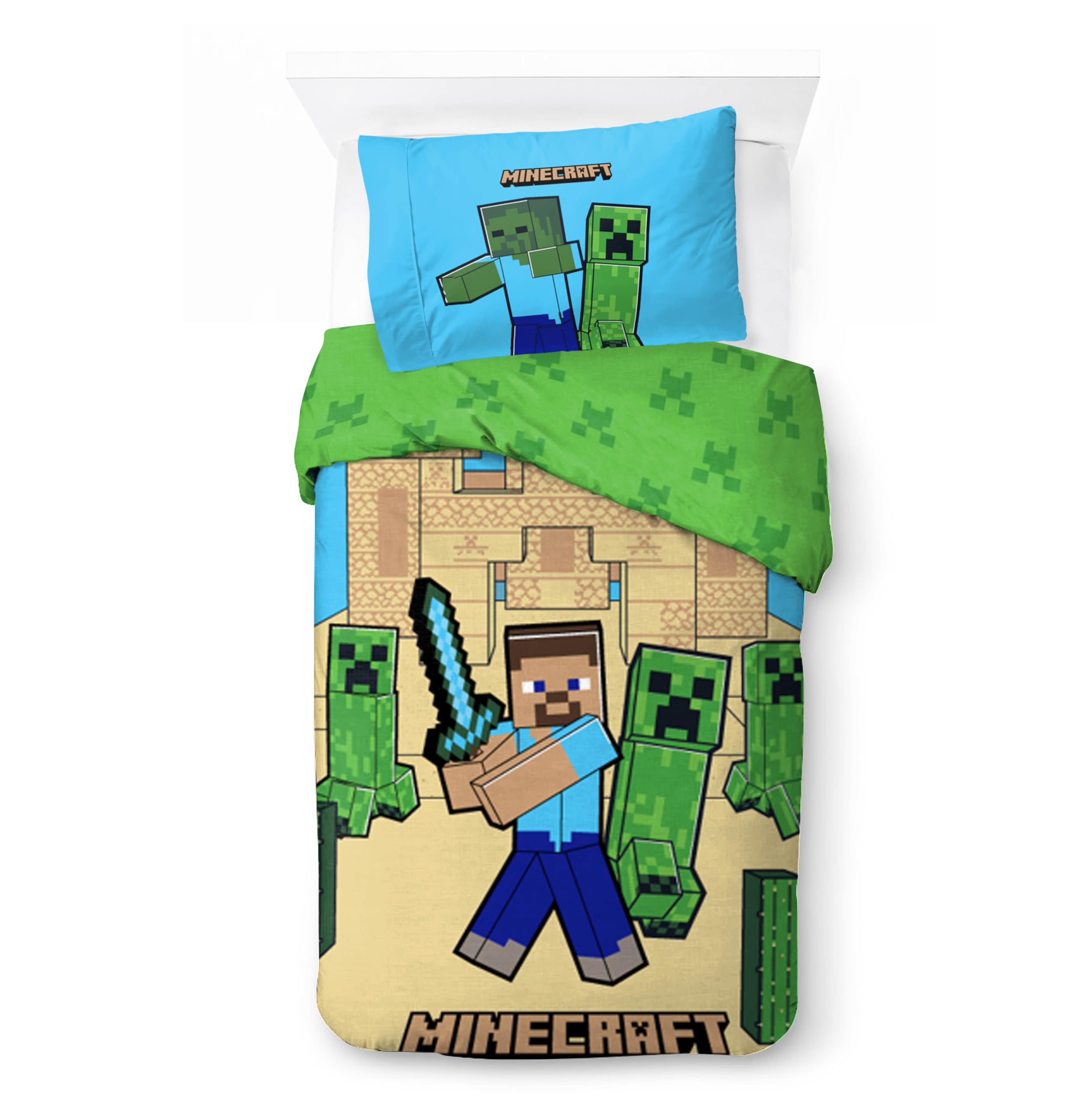 Minecraft Kids Bedding Set | Single Size Duvet Cover 140x200 cm with Pillowcase 50x70 cm, 100% Cotton | Soft, Colorful & Riversible Bedlinen Set for Kids | Official Minecraft ''Sand & Castles''