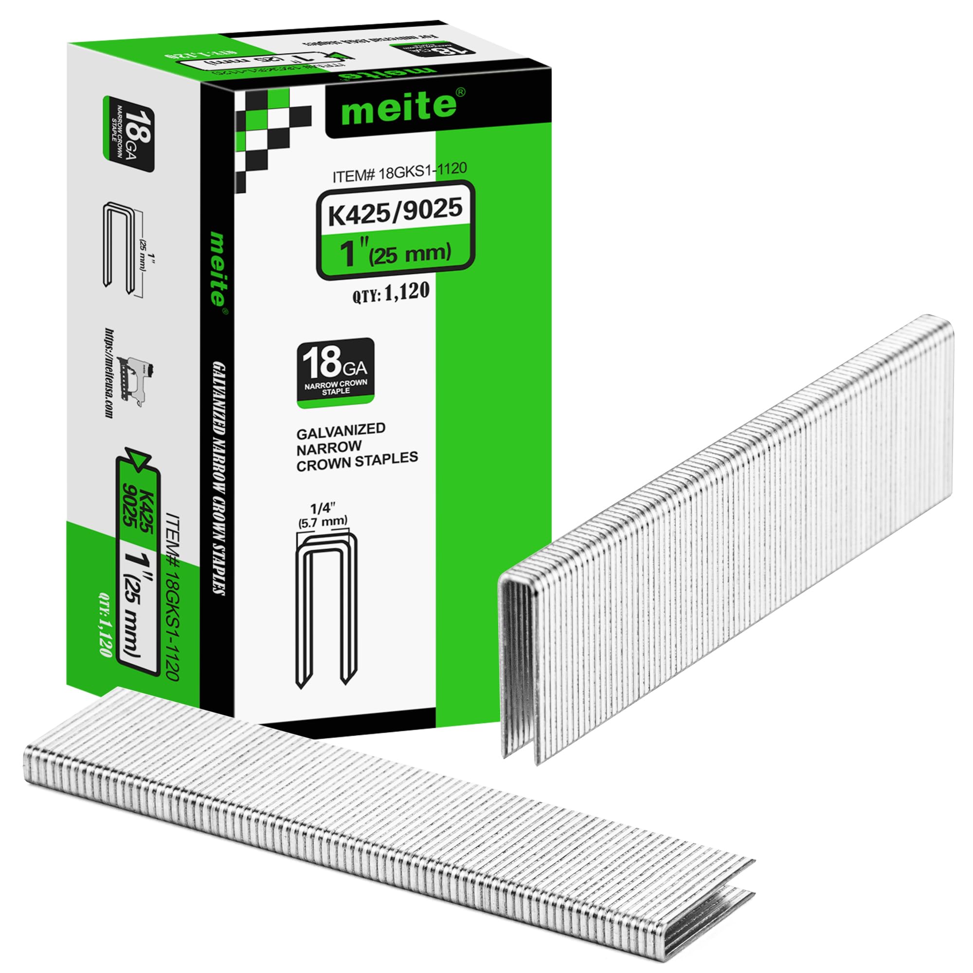 meite Type 90/25 mm 18 Gauge Galvanised Narrow Crown Staples 1,120 Pcs