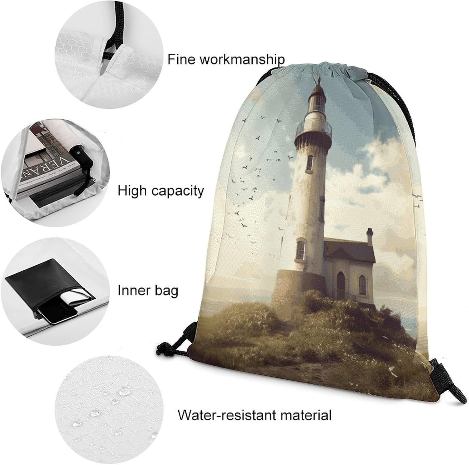 Old Lighthouse Drawstring Backpack Gym Bag Drawstring Bags image 4