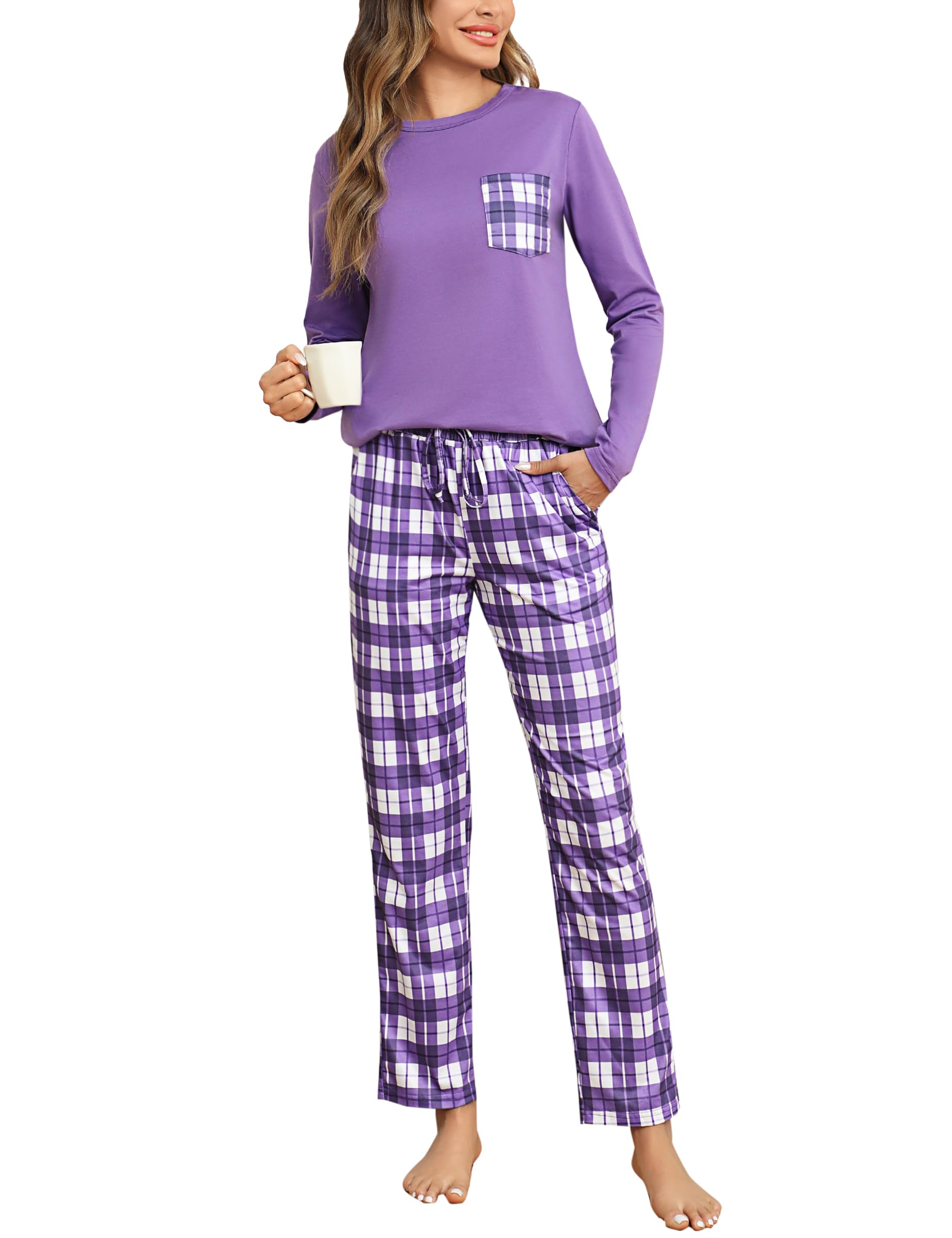 Aseniza Schlafanzug Damen Lang Pyjama Set Baumwolle Nachtwäsche Winter Zweiteiliger Schlafanzüge Hausanzug mit Karierte Hose