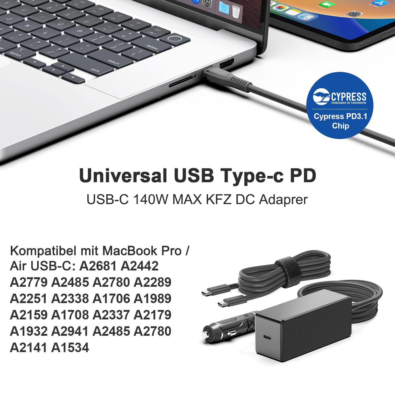HKY 12V-24V Fahrzeug 3m 140W 40W USB C Auto Ladegerät PD3.1 Adapter Schnellladegerät-für MacBook Pro/Air,iPhone 15/15 Pro/15 Pro Max,Type-C Tablet Laptop,für Samsung Galaxy Note 20 Ultra Note