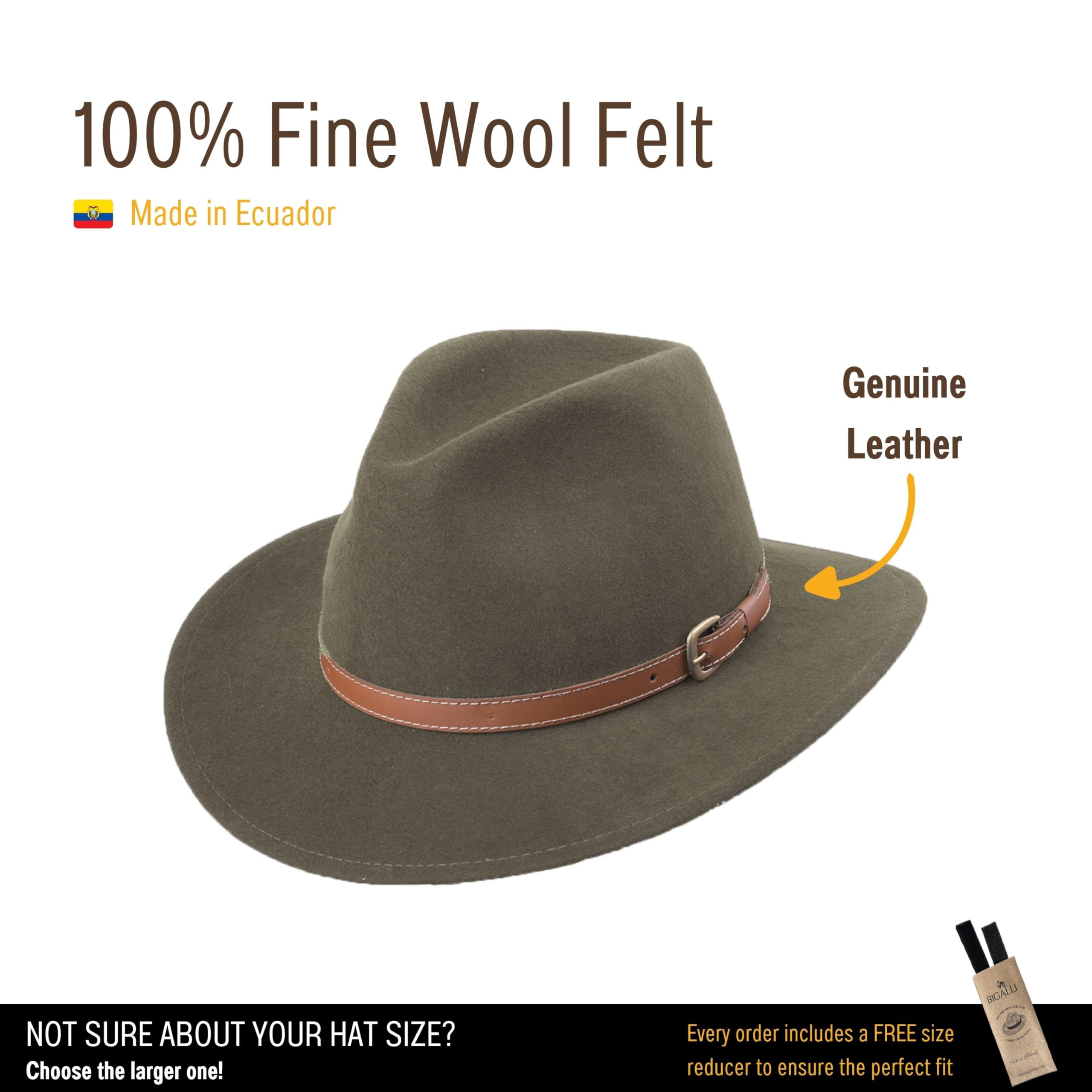 Bigalli Adventure Hat 100% Wool Felt for Women/Men Center Dent Shape with Genuine Leather Details Crushable Waterproof | Wide Brim | Safari Cowboy Cowgirl Hat | Moss X Large