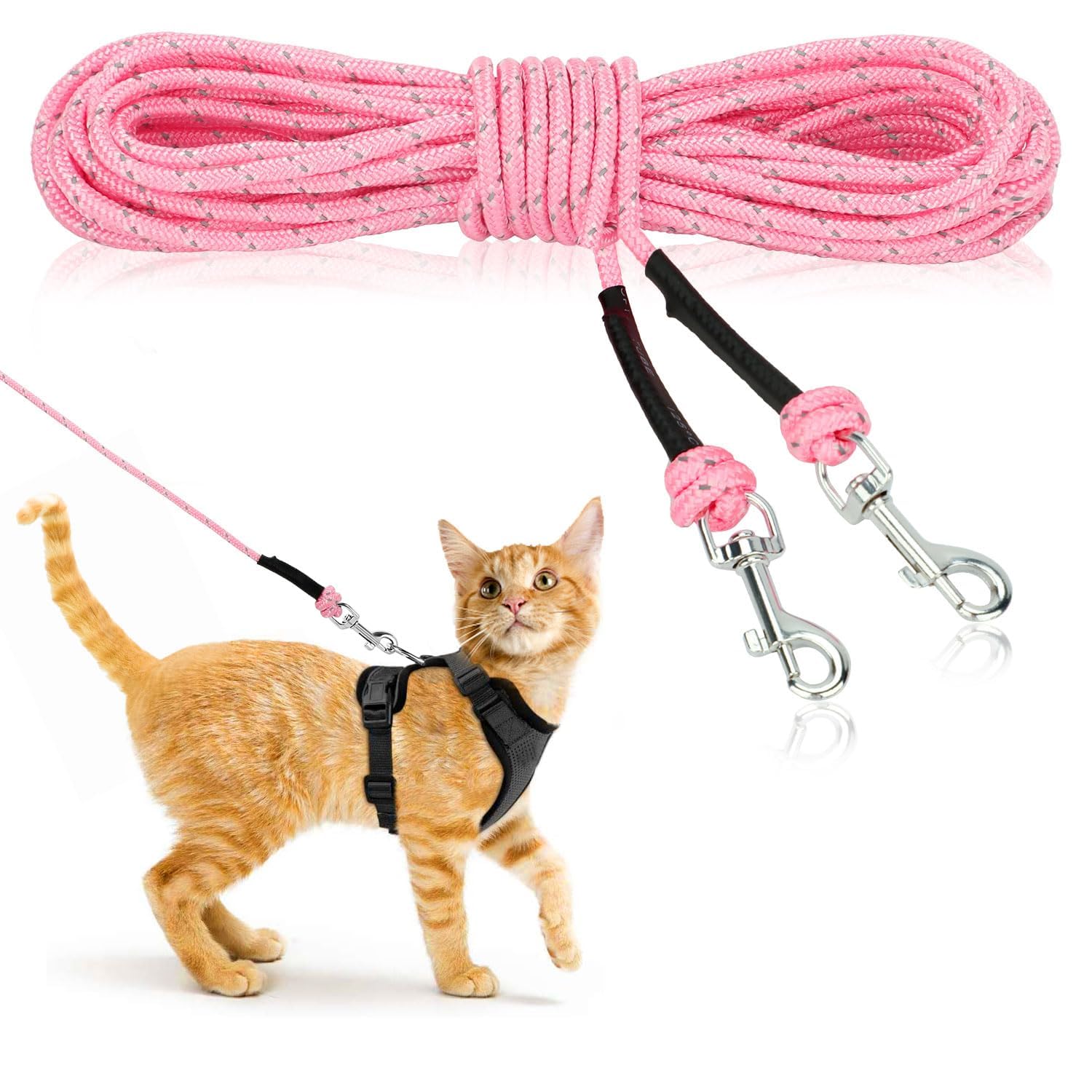 RANYPET Long Cat Lead, 9M/30FT Extendable and Reflective Walking Leash, Escape Proof Cat Leash for Training Playing Outdoor Yard, Suitable for Cats, Puppy, Rabbit and Small Animals Pink