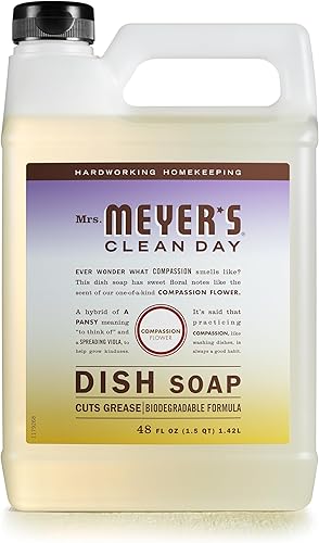 Mrs. Meyer's Clean Day - Repuesto de detergente líquido para platos, fórmula biodegradable, aroma a flor de la compasión, 48floz